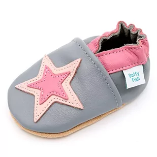 Dotty Fish Miękkie skórzane buty dziecięce dla małych dzieci, antypoślizgowe zamszowe podeszwy, kwiaty, serca, gwiazdy, tęcze, 0-6-4-5 lat, Szary i różowy gwiaździsty, 4-5 Lat - Skarpetki dla dzieci - miniaturka - grafika 1