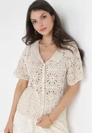 Koszule damskie - Beżowa Bawełniana Koszula z Ażurowej Tkaniny Yanagi - miniaturka - grafika 1