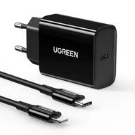 Akcesoria do tabletów i e-booków - Ugreen Ładowarka  Ładowarka sieciowa UGREEN CD137 20W PD 3.0 USB-C czarna + kabel IP do USB-C czarny UGR1061BLK - miniaturka - grafika 1