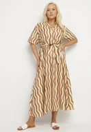 Sukienki - Brązowa Pudełkowa Sukienka z Wiskozy w Geometryczny Wzór z Paskiem Luniretia - miniaturka - grafika 1