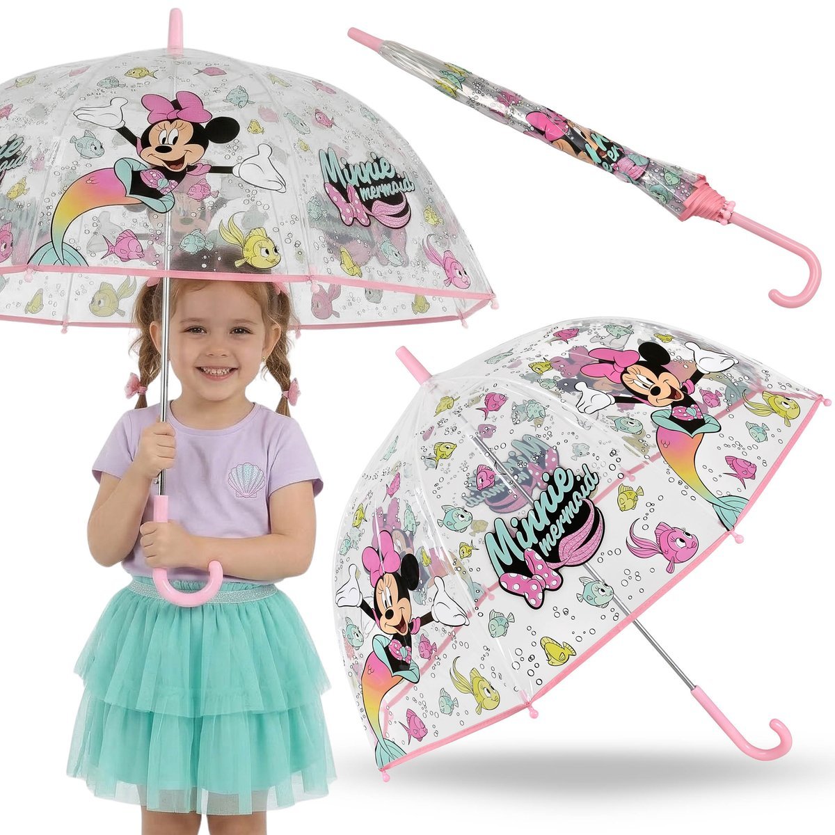 DISNEY Myszka Minnie Różowa parasolka dziecięca DLA DZIEWCZYNKI, SKŁADANY transparentny parasol AUTOMATYCZNY