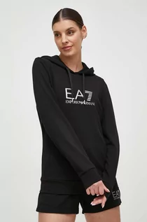 Bluzy damskie - EA7 Emporio Armani bluza damska kolor czarny z kapturem z nadrukiem - grafika 1