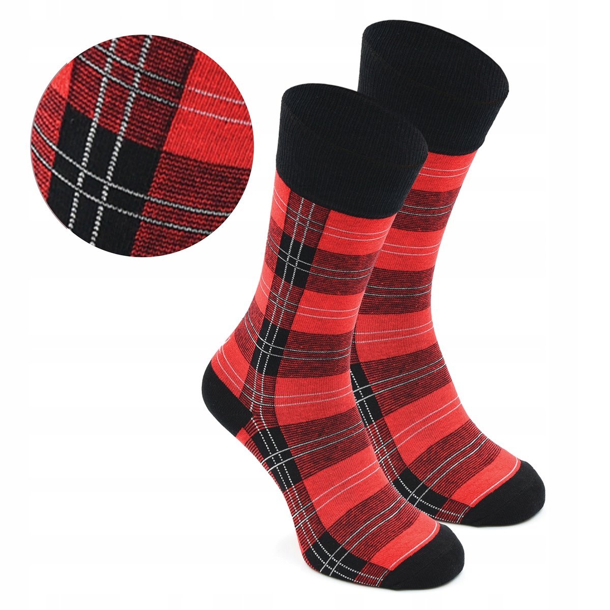 Wysokie Skarpetki Męskie Bawełniane Elastyczne CZERWONE Kratka One Size