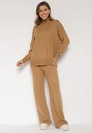 Komplety damskie - Beżowy Dzianinowy Komplet z Bawełną i Wełną Szerokie Spodnie i Sweter Golf Valefessa - miniaturka - grafika 1