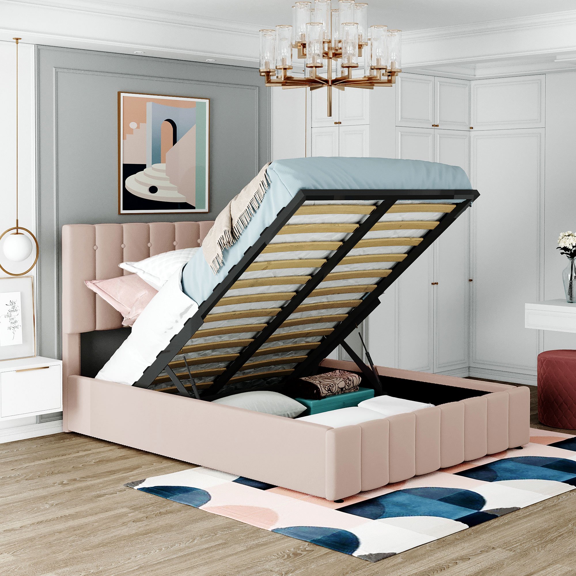 Łóżko tapicerowane Fortuna Lai Hydraulic Boxspring 140x200 cm Tapicerowane aksamitne łóżko dwuosobowe z szufladą na pościel i tapicerowanym zagłówkiem o regulowanej wysokości, metalową ramą z listew i przyjazną dla skóry aksamitną tkaniną, ciemny beż