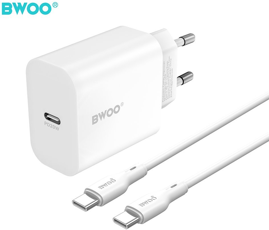 BWOO ładowarka sieciowa CDA233 PD 20W 1x USB-C biała + kabel USB-C - USB-C