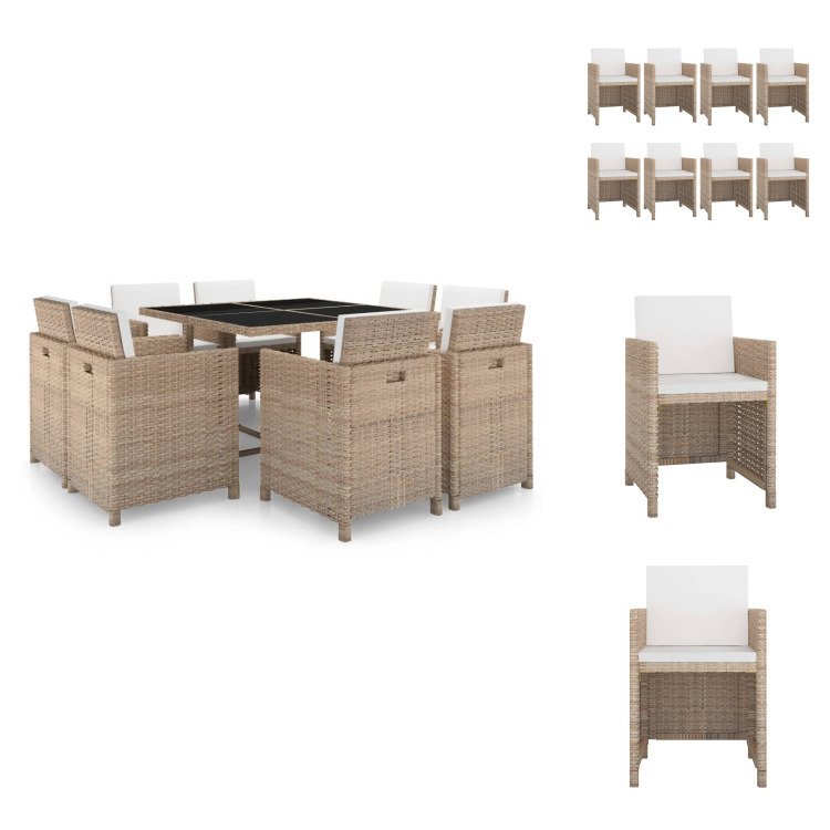 vidaXL 9-częściowy ogrodowy zestaw jadalniany z poduszkami z rattanu w kolorze beżowym - Zestawy mebli ogrodowych