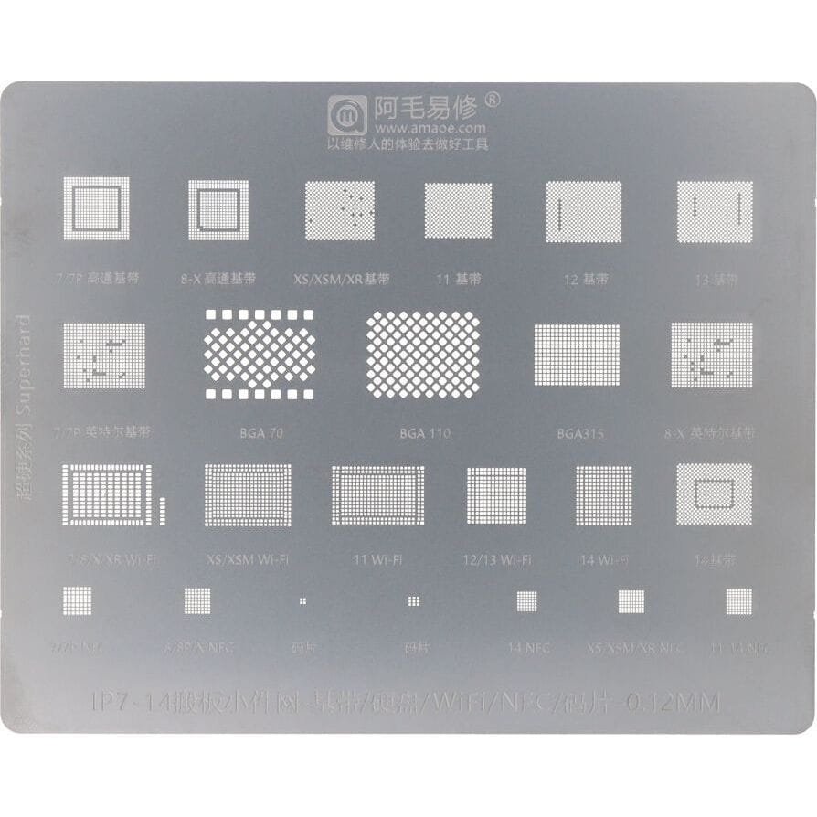 Metalowe sito AMAOE 0,12 MM, szablon do reballingu BGA układów WiFi, NFC, Baseband w iPhone serii 7 - 14
