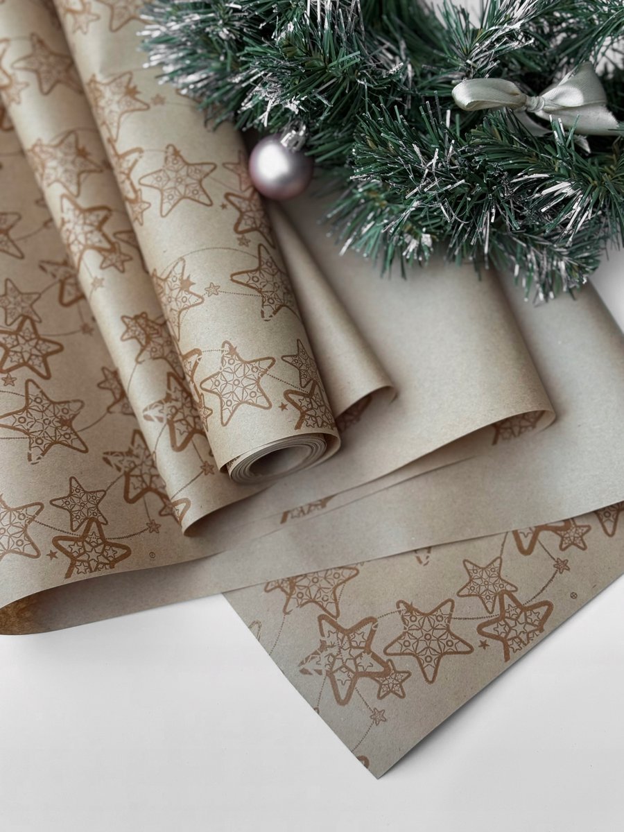 Papier kraftowy Spadające Gwiazdy 60 cm x 10 m Świąteczny ozdobny, kawowy