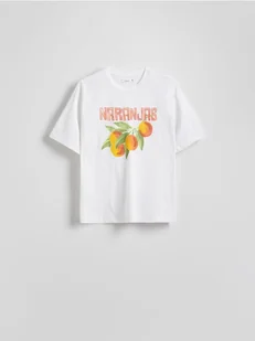 Reserved - Bawełniany t-shirt z nadrukiem - biały - Koszulki i topy damskie - miniaturka - grafika 1