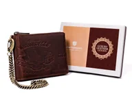 Portfele - Skórzany portfel męski Peterson z łańcuchem minimalistyczna portmonetka na karty brązowy RFID - miniaturka - grafika 1