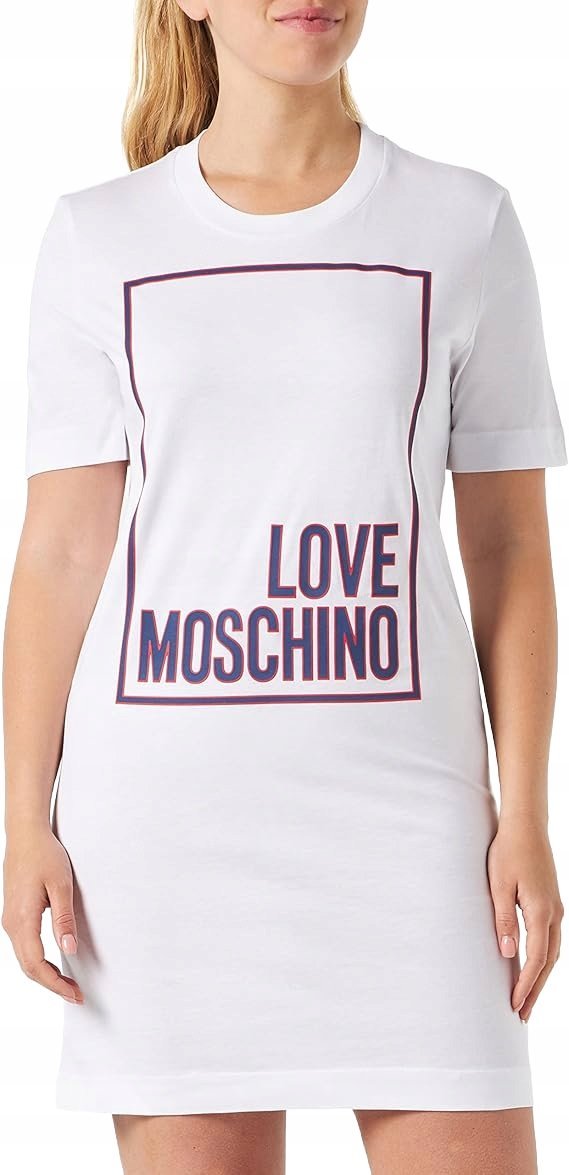 LOVE MOSCHINO BIAŁA SUKIENKA Z NADRUKIEM I KRÓTKIM RĘKAWEM 36 1JPA