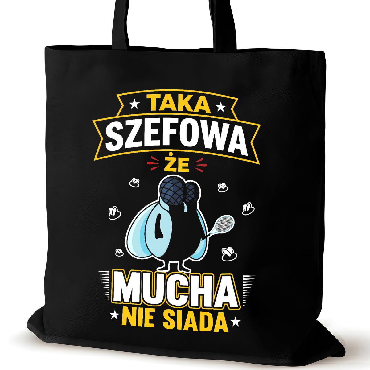 Torba bawełniana szefowej czarna na ramię śmieszna prezent zakupowa mucha