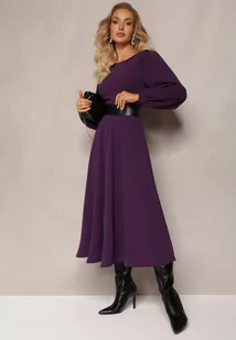 Fioletowa Sukienka Midi o Rozkloszowanym Fasonie z Bufiastymi Rękawami Amatya - Sukienki - miniaturka - grafika 1