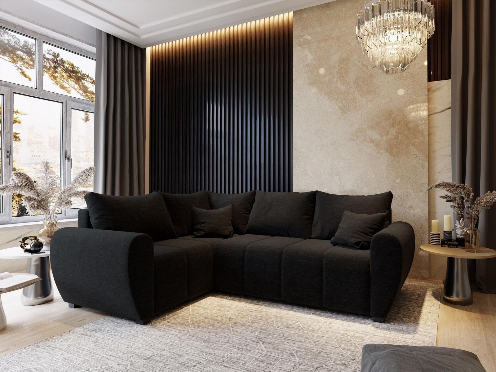 Masseno Narożnik MADISON L L-S z funkcją spania i pojemnikiem na pościel Kształt L, Rozkładana sofa, Rogówka - Czarny, SAWANA 14