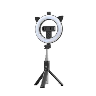 UCHWYT SELFIE - z odpinanym pilotem bluetooth, tripodem i lampą pierścieniową - P20D-4 Czarny - Selfie stick - miniaturka - grafika 1
