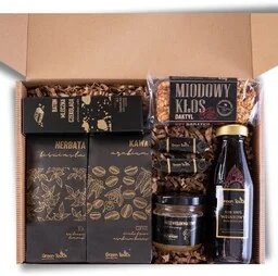 Zestaw prezentowy box słodycze miód herbata i kawa sok baton słony karmel - Zestawy upominkowe - miniaturka - grafika 1