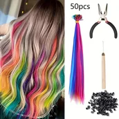 Pozostałe akcesoria fryzjerskie - TEMU 20-100 szt. Mieszane Kolory Tęczowe Przedłużenia Włosów 16 Cali Syntetyczne Przedłużenia Włosów w Kolorach Tęczy z Koralikami i Narzędziem do - miniaturka - grafika 1