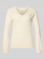 Swetry damskie - Sweter z dzianiny z mieszanki wełny jagnięcej z dekoltem w serek - miniaturka - grafika 1