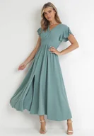 Sukienki - Miętowa Rozkloszowana Sukienka z Kopertowym Dekoltem Hanriette - miniaturka - grafika 1