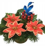 Sztuczne kwiaty - Świąteczny Gotowy Stroik Na Cmentarz W Donicy Z Kwiatami Gwiazda Czerwona - miniaturka - grafika 1