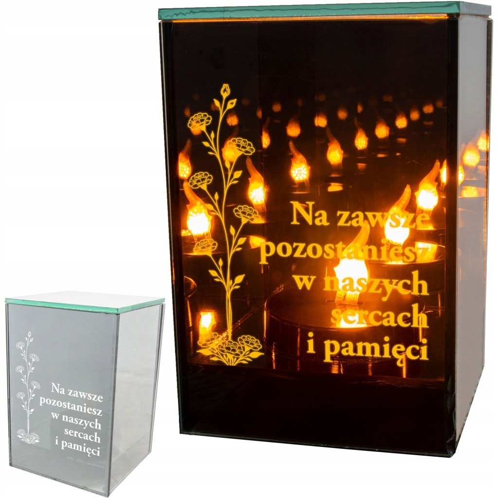 Ekskluzywny ZNICZ LED z cytatem pamięci LUSTRO WENECKIE nieskończony ogień