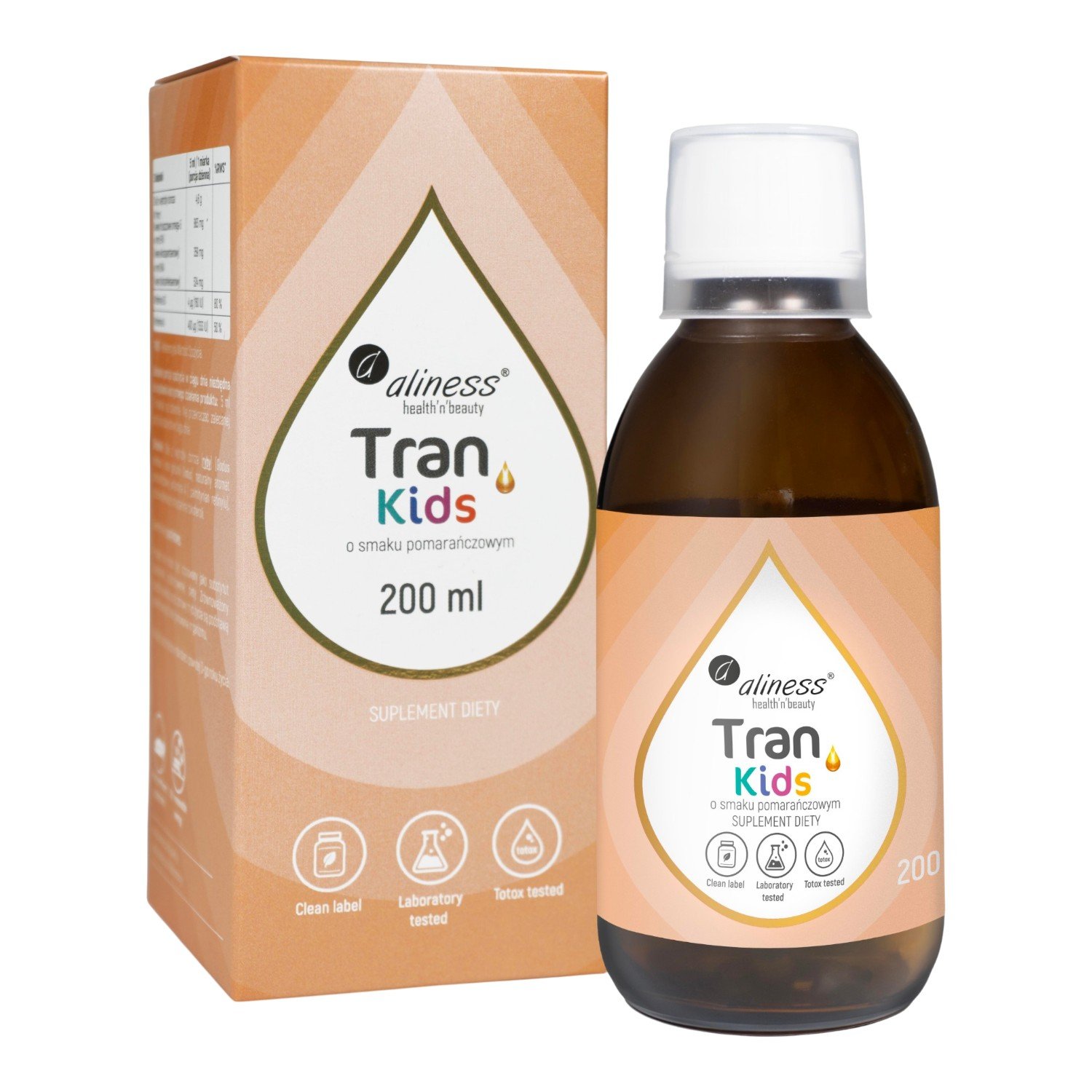 Aliness Tran (Olej z dorsza) Kids + Wit. A Smak pomarańczowy, 200 ml