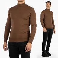 Swetry męskie - Sweter Męski Półgolf Elegancki Klasyczny Dopasowany Cienki Modny Brązowy XL - miniaturka - grafika 1