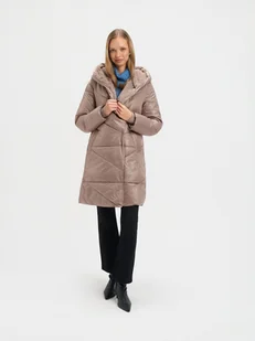Długa ciemnobeżowa kurtka z kapturem - Kurtki damskie - miniaturka - grafika 1