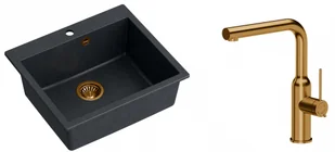Quadron Zlewozmywak granitowy jednokomorowy 57*50*22 cm MORGAN 110 BLACK DIAMOND z miedzianym odpływem z baterią ANGELINA Q LINE z wyciąganą wylewką kolor miedziany - Zlewozmywaki z baterią - miniaturka - grafika 1