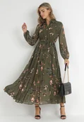 Sukienki - Ciemnozielona Sukienka Plisowana w Kwiaty Curlina - miniaturka - grafika 1