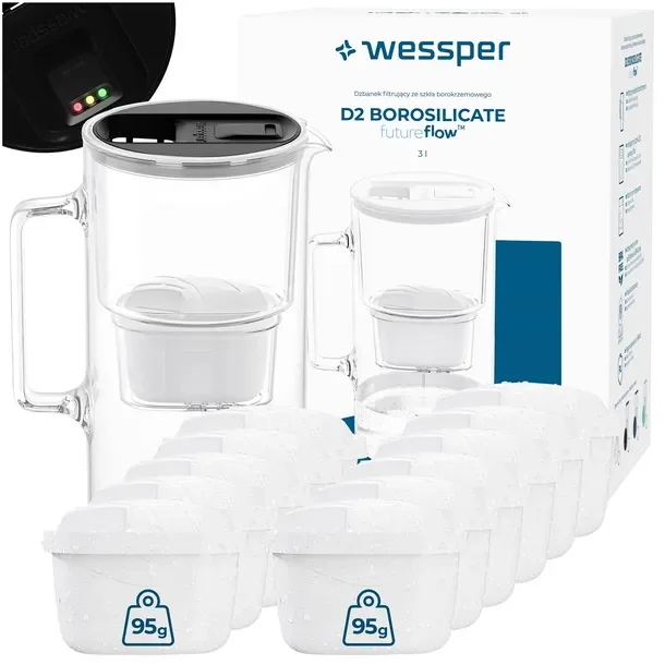 Dzbanek filtrujący szklany Wessper D2 BOROSILICATE FF 3l LED + 12x filtr