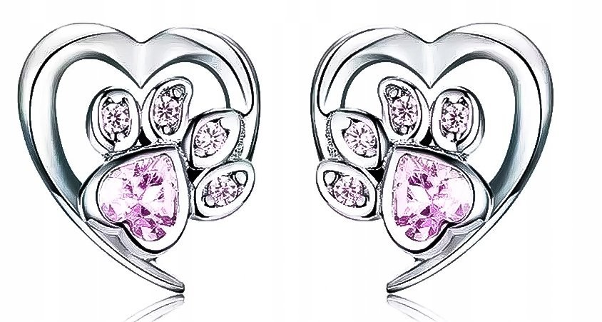 Kolczyki łapka kota psa srebro 925,koczyki srebrne serca łapki pupila