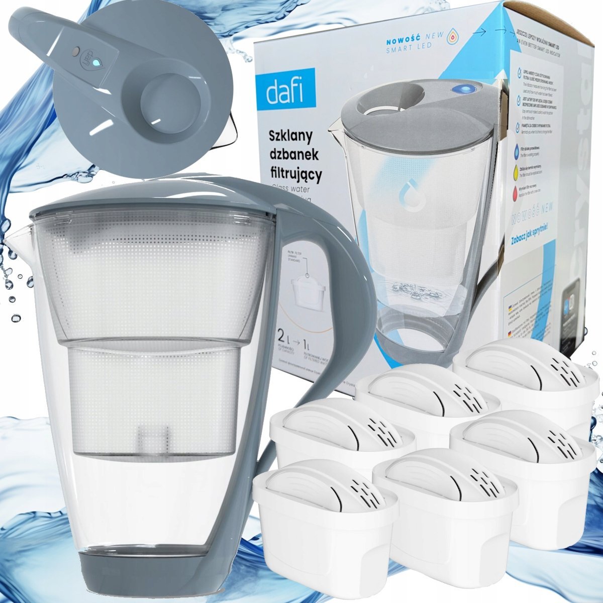 Szklany Dzbanek filtrujący Dafi CRYSTAL szary UNIMAX 6 wkładów filtrów