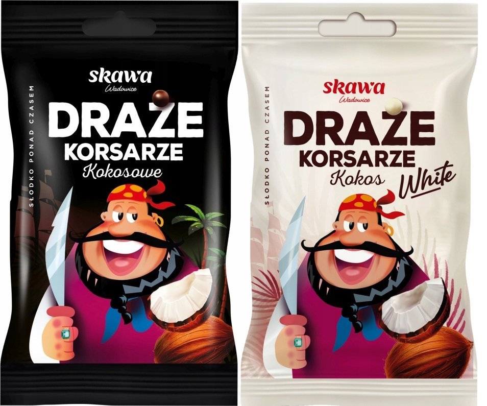 Skawa Cukierki Draże Korsarze kokosowe białe i czarne 70g mix 2 smaków Zestaw Dwupak