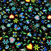 Pasmanteria - Tkanina bawełniana wzór kaszubski niebieski na czarnym tle - miniaturka - grafika 1