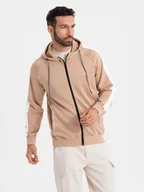 Bluzy męskie - Rozpinana męska bluza z kapturem i lampasami - beżowa V4 OM-SSZP-0210 XXL - miniaturka - grafika 1