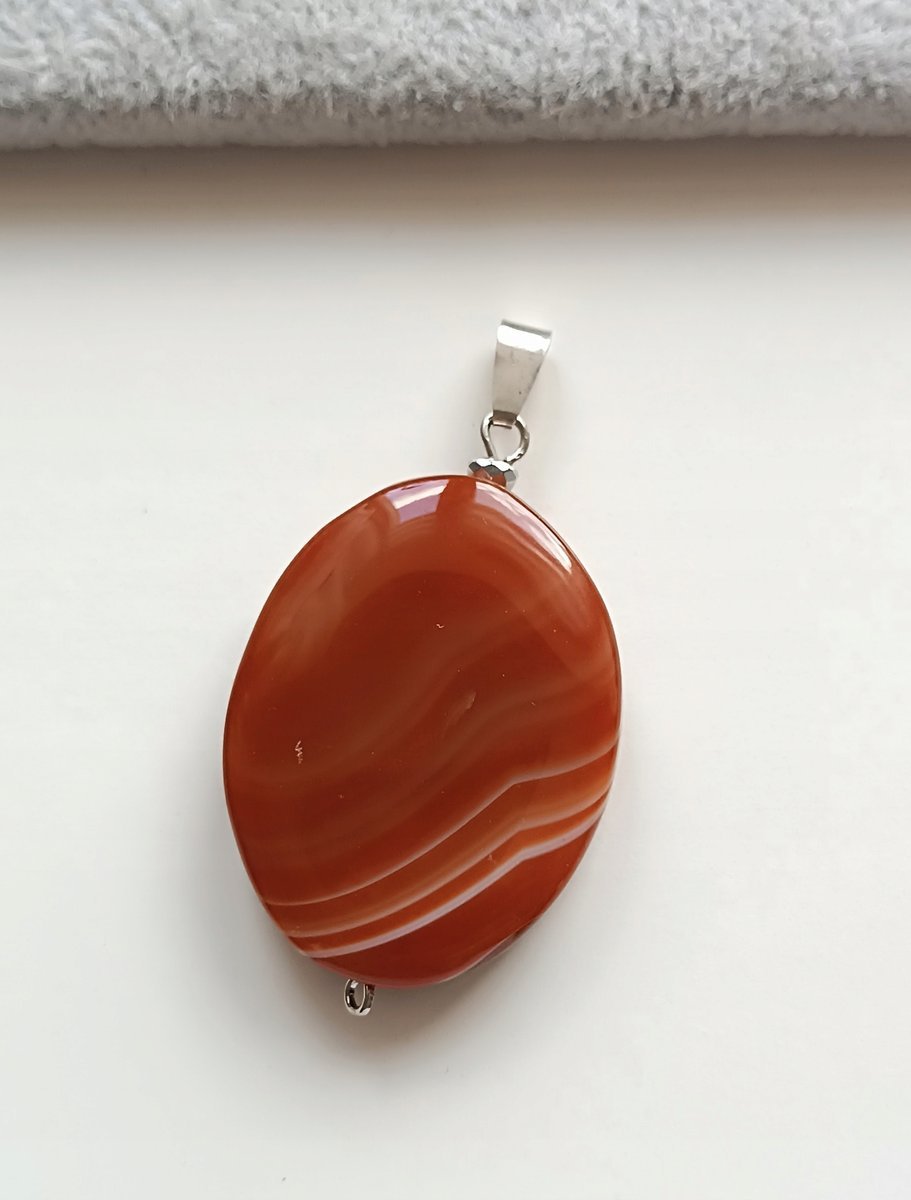 OWALNA ZAWIESZKA WISIOREK BRĄZOWY AGAT KARNEOL GŁADKI SREBRO 4cm x 3cm