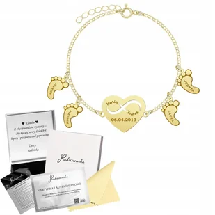 Bransoletka Złota z Sercem STÓPKI Imię Dziecka Dzień Mamy SREBRO 925 GRAWER - Bransoletki - miniaturka - grafika 1