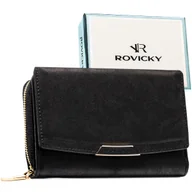 Portfele - Portmonetka damska na zatrzask i suwak ROVICKY mały portfel karty gotówka ochrona RFID elegancki czarny - miniaturka - grafika 1
