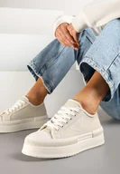 Trampki damskie - Beżowe Trampki na Podwójnej Podeszwie z Ozdobnym Znaczkiem na Cholewce Alivrelia - miniaturka - grafika 1