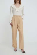 Spodnie damskie - Tommy Hilfiger spodnie z domieszką lnu kolor beżowy proste high waist - miniaturka - grafika 1