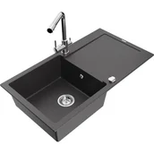 Zlewozmywaki z baterią - Mexen Leo zlewozmywak granitowy 1-komorowy z ociekaczem i baterią kuchenną Duero, czarny nakrapiany - miniaturka - grafika 1