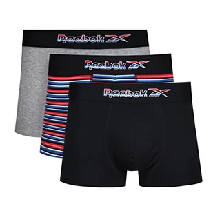 Reebok Męskie super miękkie bokserki, krótki materiał bawełniany, szary/czarny/czerwony pasek z kontrastowym elastycznym ściągaczem – opakowanie 3 szt, Szary Marl/czarny/czerwony pasek, L - Paski - miniaturka - grafika 1