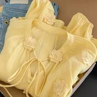 Koszule damskie - TEMU Bluzka Damska w Stylu Francuskim 3D z Kwiatowym Wzorem – Elegancka Koszula z Dekoltem V, Luźny Fason i Bufiaste Rękawy, Jednokolorowa Bluzka na - miniaturka - grafika 1