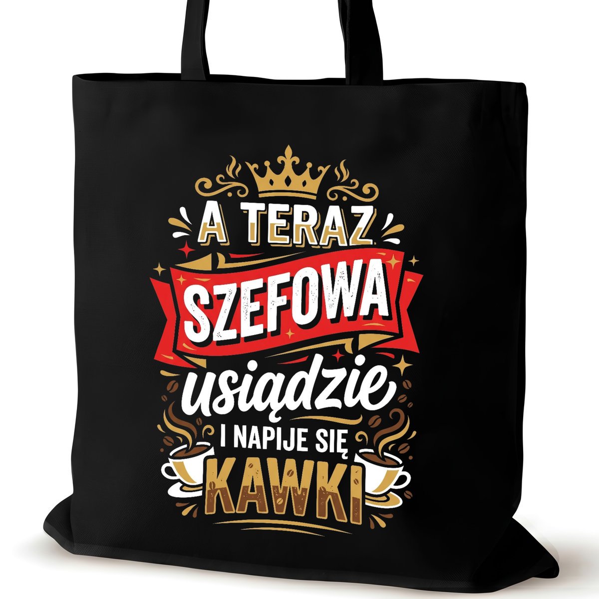 Torba bawełniana dla szefowej czarna na ramię napisem pracy duża usiądzie