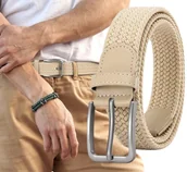 Paski - Elastyczny elegancki beżowy pasek pleciony parciany do spodni mocny - miniaturka - grafika 1