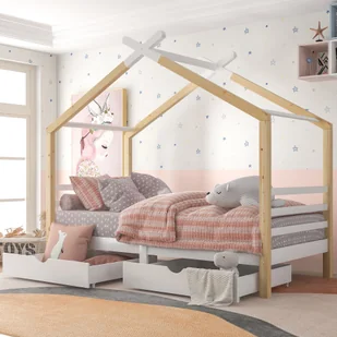 Łóżko dziecięce Flieks Łóżko House z 2 szufladami Łóżko z litego drewna ze stelażem listwowym do pokoju dziecięcego i młodzieżowego, 90x200cm - Łóżka dla dzieci i młodzieży - miniaturka - grafika 1