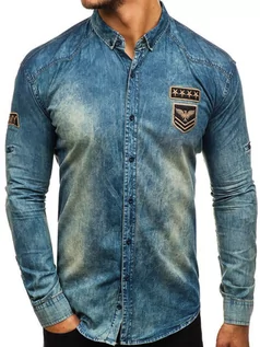 Koszule męskie - Koszula męska jeansowa z długim rękawem granatowo-szara Denley 0992 - grafika 1