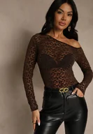 Bluzki damskie - Brązowa Bluzka Longsleeve z Koronki z Asymetrycznym Dekoltem Liwedisa - miniaturka - grafika 1